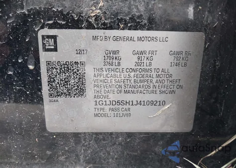 2018 Chevrolet Sonic Lt Auto из США, поврежденный, VIN 1G1JD5SH1J4109210